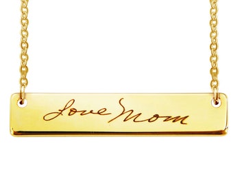 Custom Handwriting Horizontal Bar Necklace Gold Plated