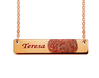 Custom Fingerprint and Name Horizontal Bar Necklace Rose Gold Plated