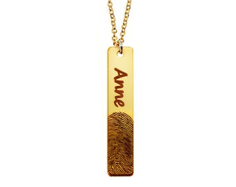 Custom Vertical Bar Fingerprint and Name Necklace Gold Plated