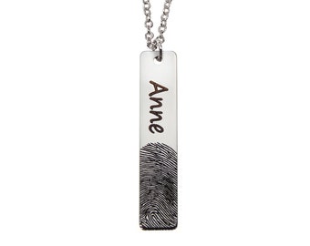 Custom Vertical Bar Fingerprint and Name Necklace Silver Plated