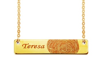 Custom Fingerprint and Name Horizontal Bar Necklace Gold Plated