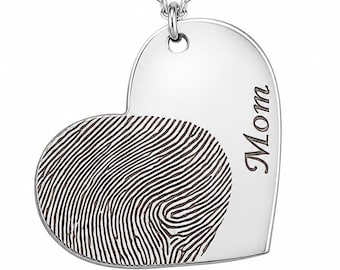 Custom Silver Fingerprint and Name Heart Necklace