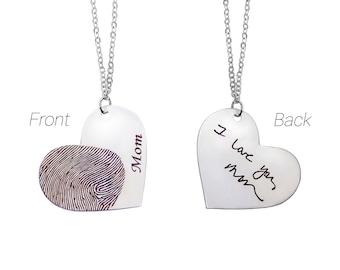 Silver Fingerprint and Name with Handwriting On Back Heart Necklace