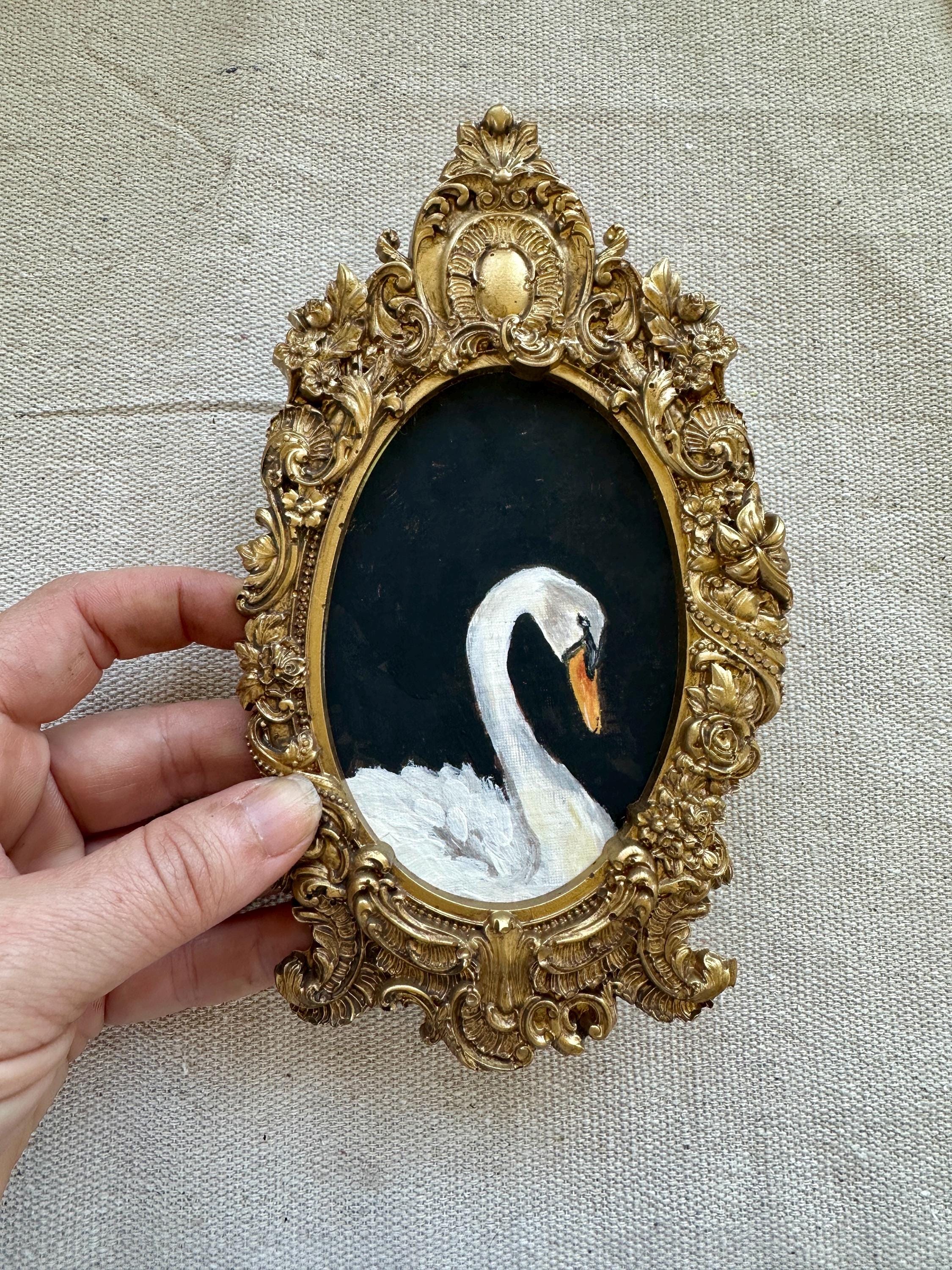 Handmade Swan Gouache Painting: Vintage Gold Resin Frame Art - Thumbnail 7