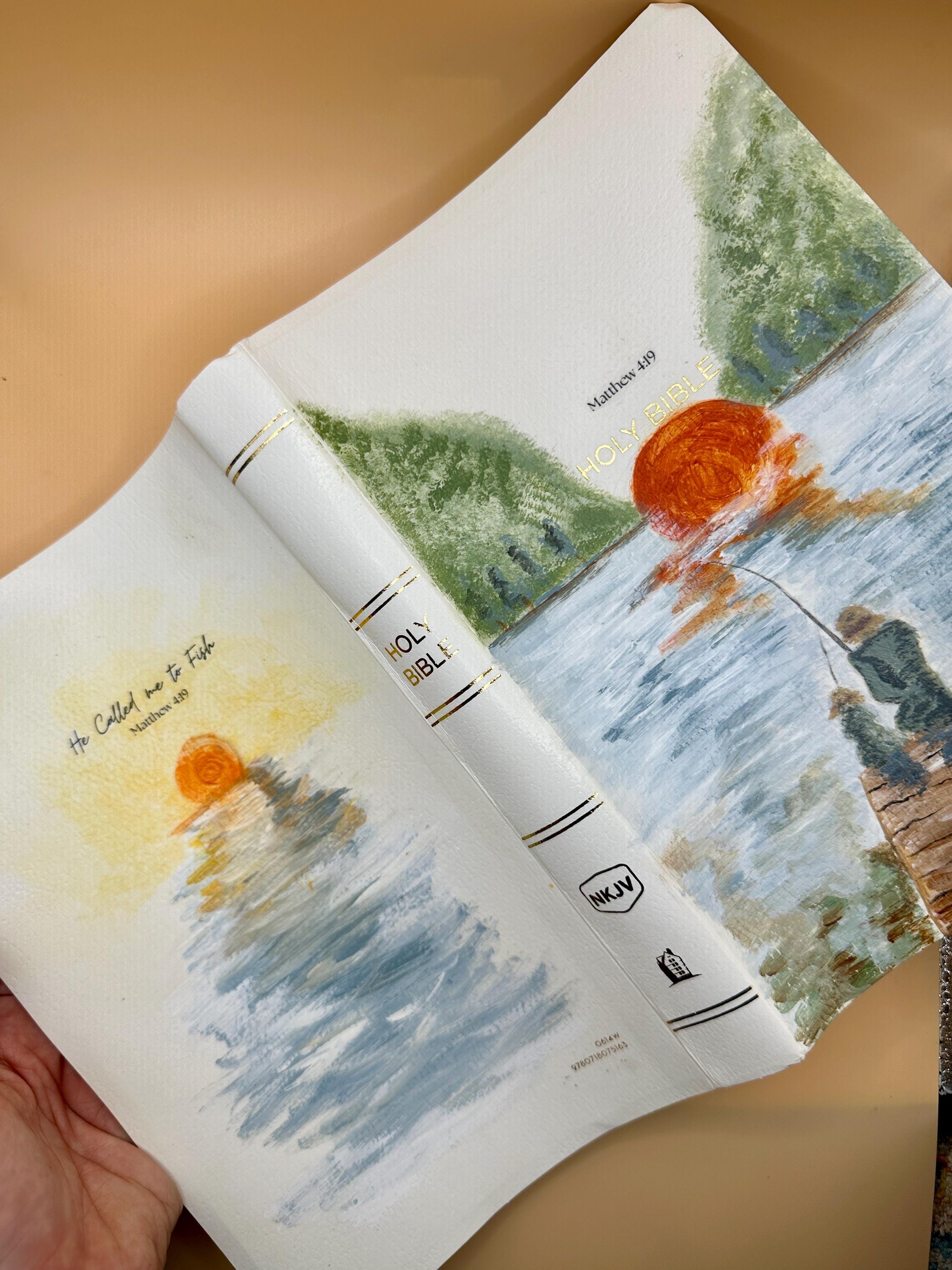 Hand Painted Bible Father and Son Fishing Scene | Custom Acrylic Painted Bible | Christian Gift for Dad | Faith Art Journal - Thumbnail 7