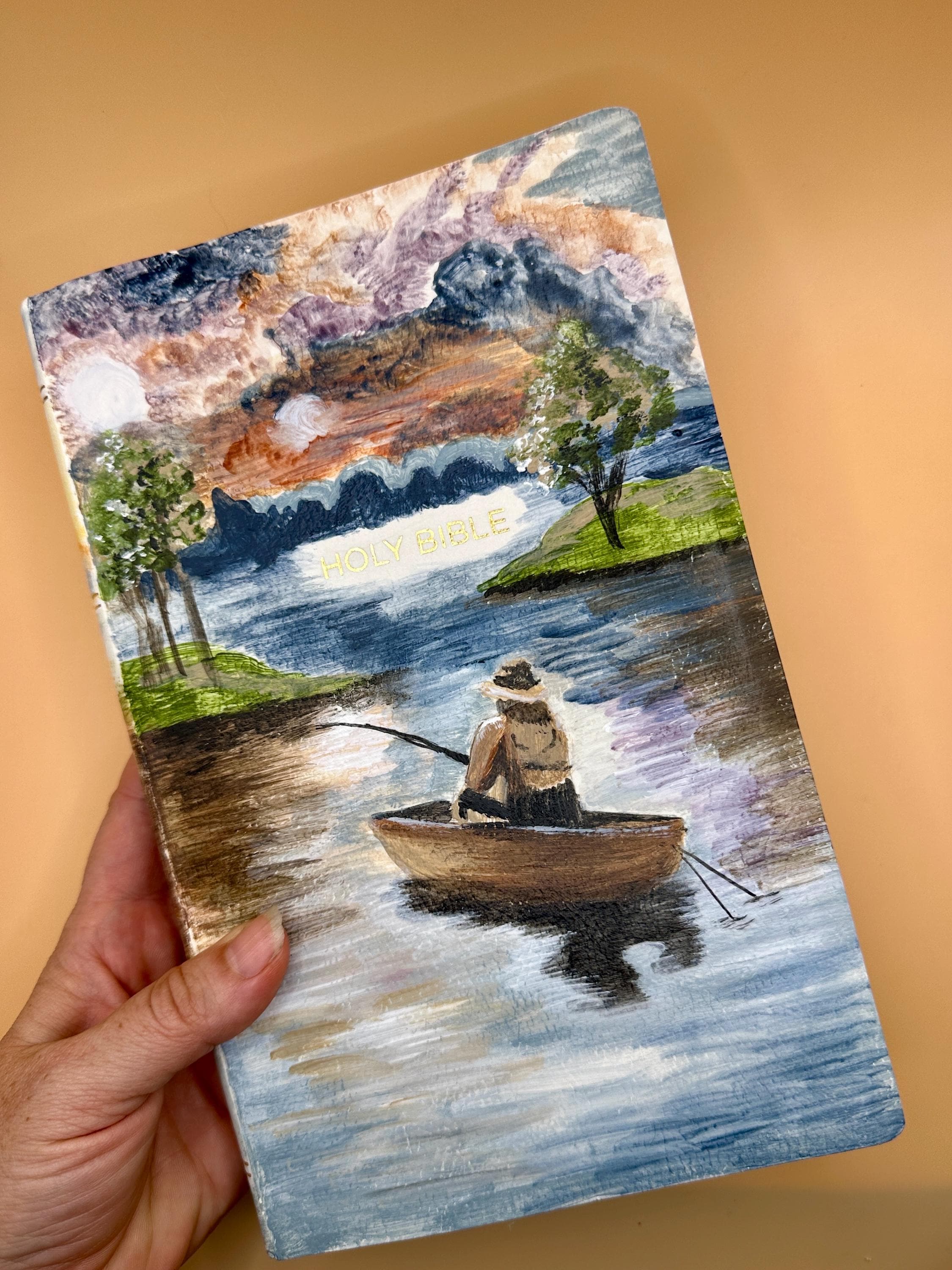 Hand Painted Bible Father and Son Fishing Scene | Custom Acrylic Painted Bible | Christian Gift for Dad | Faith Art Journal - Thumbnail 2
