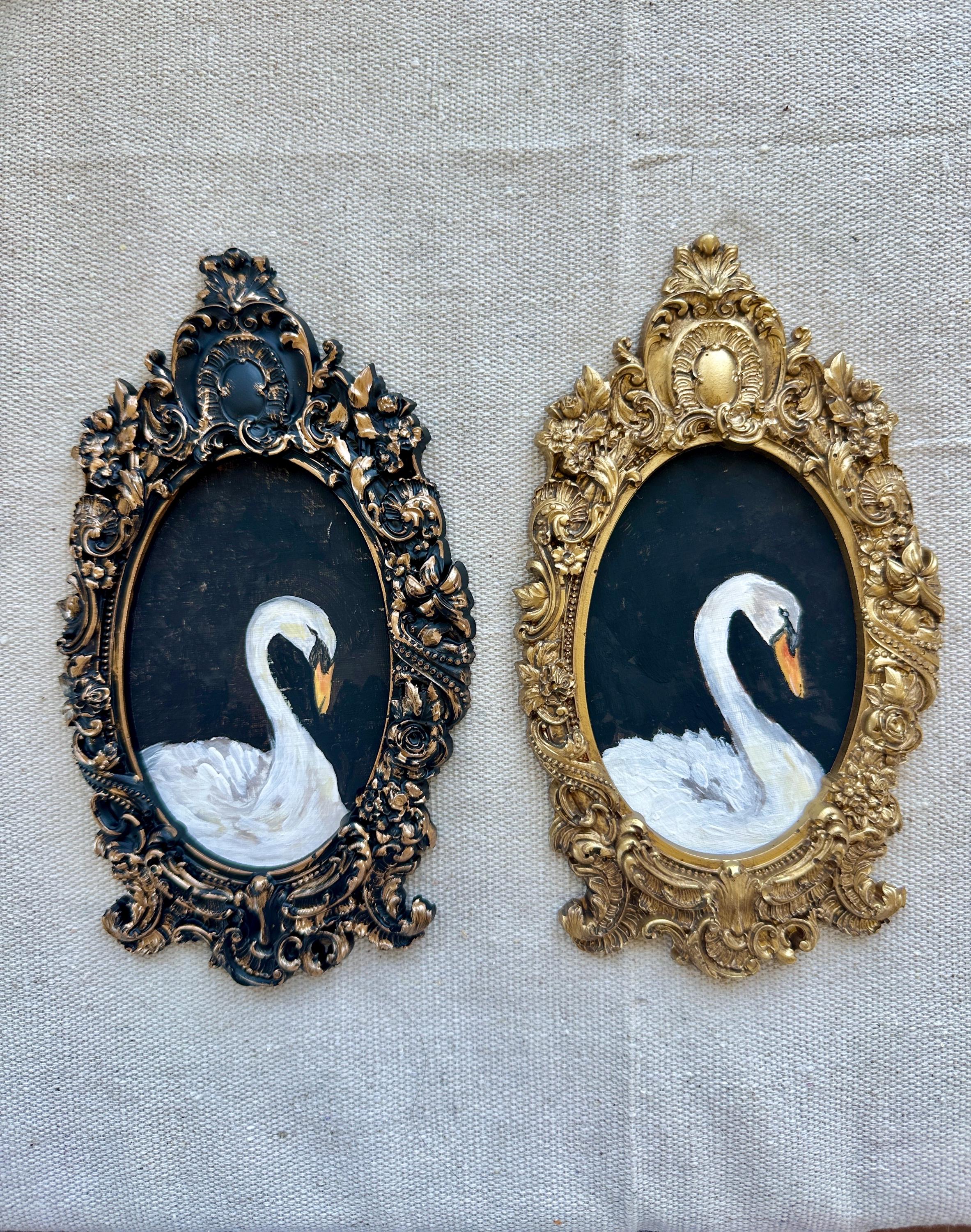 Handmade Swan Gouache Painting: Vintage Gold Resin Frame Art - Thumbnail 3