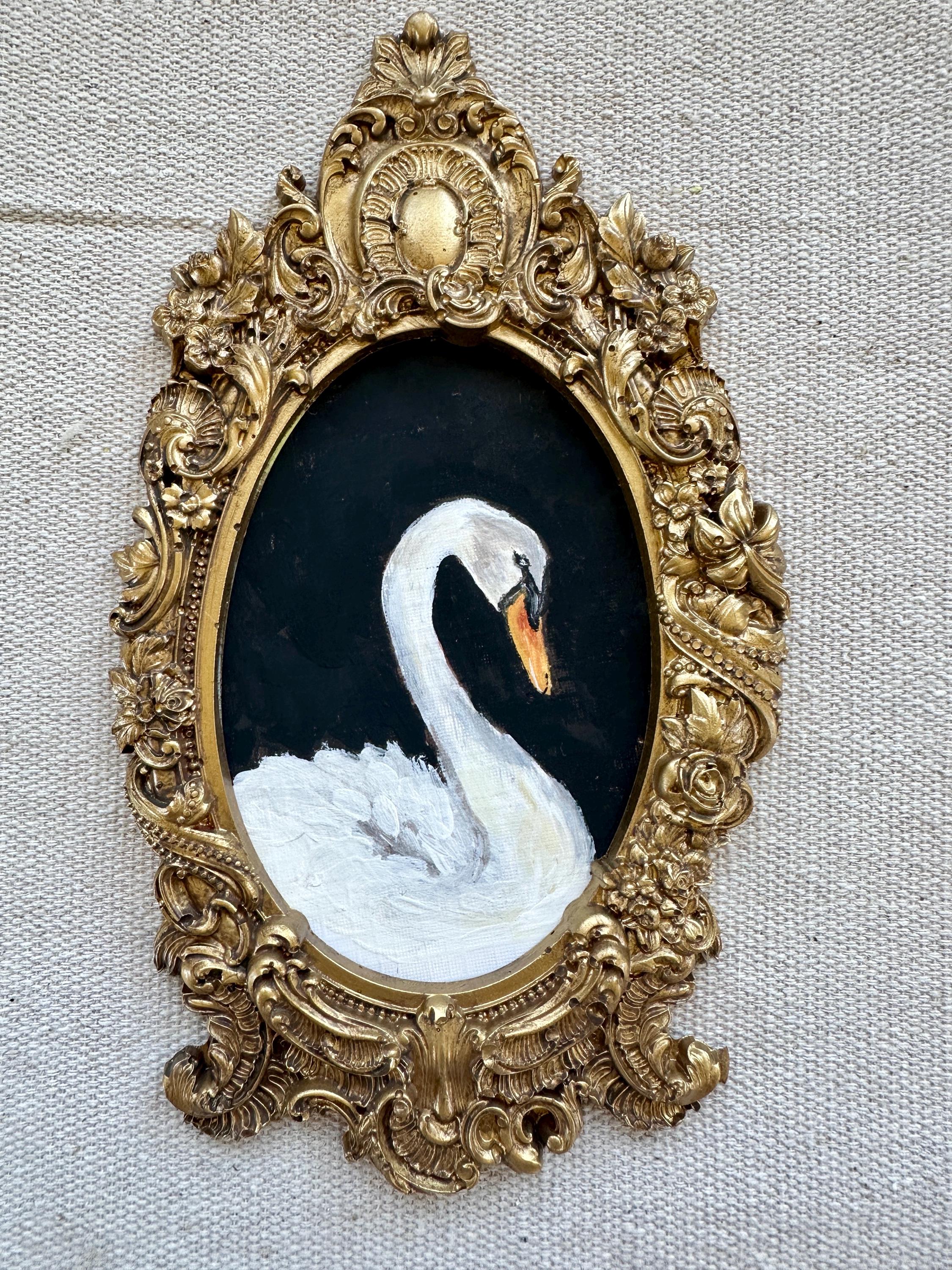 Handmade Swan Gouache Painting: Vintage Gold Resin Frame Art - Thumbnail 4