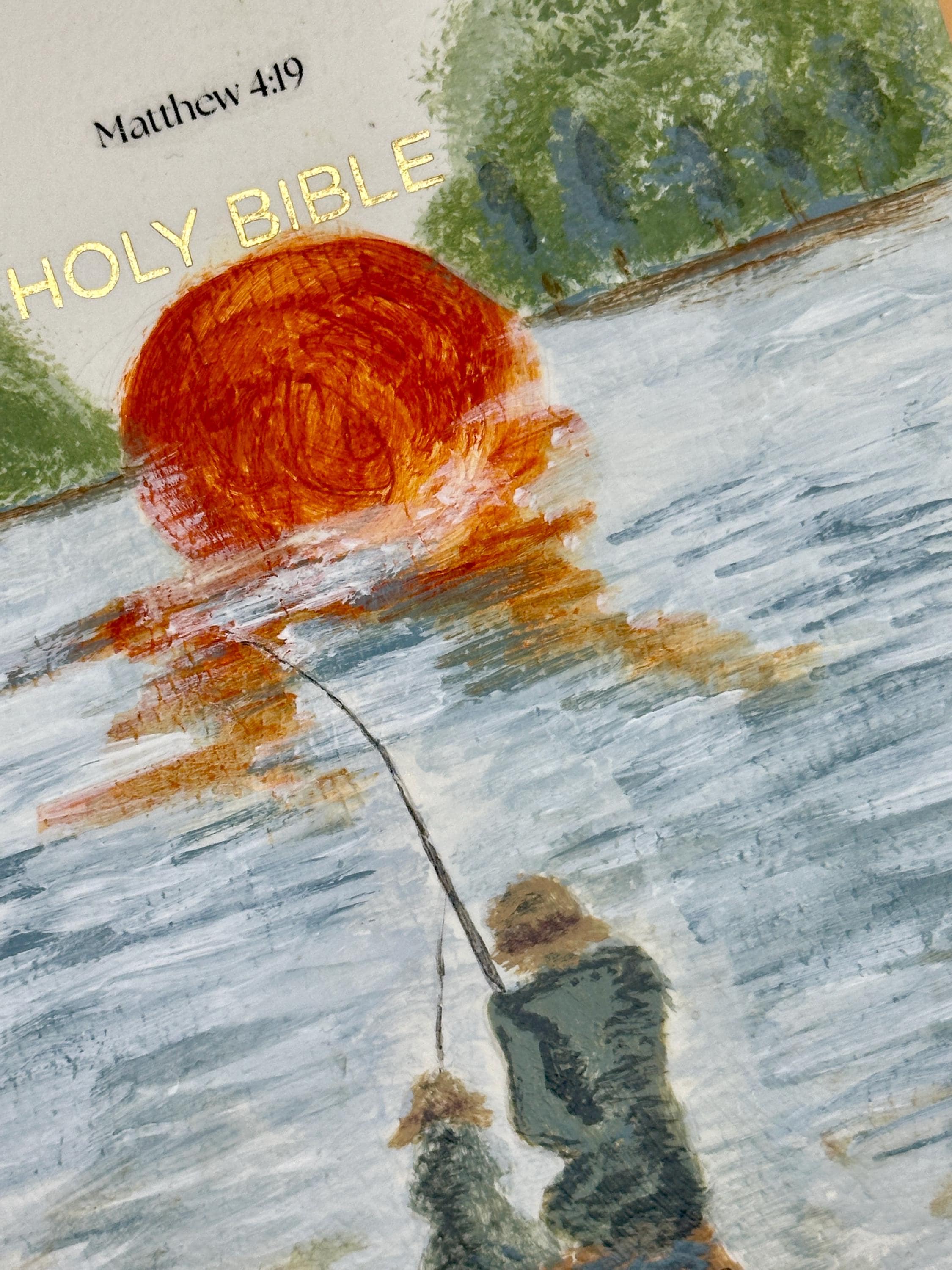 Hand Painted Bible Father and Son Fishing Scene | Custom Acrylic Painted Bible | Christian Gift for Dad | Faith Art Journal - Thumbnail 6