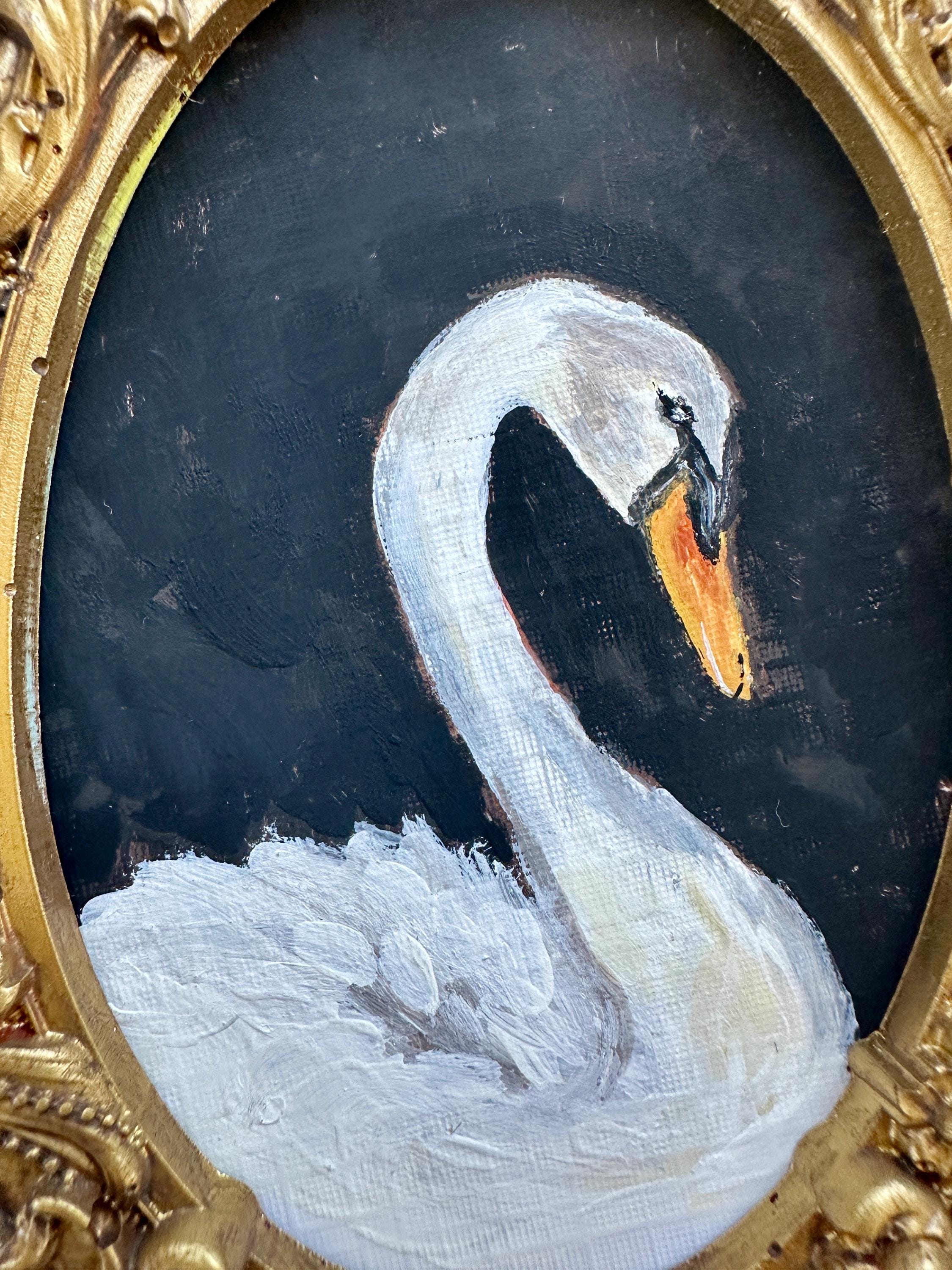 Handmade Swan Gouache Painting: Vintage Gold Resin Frame Art - Thumbnail 5