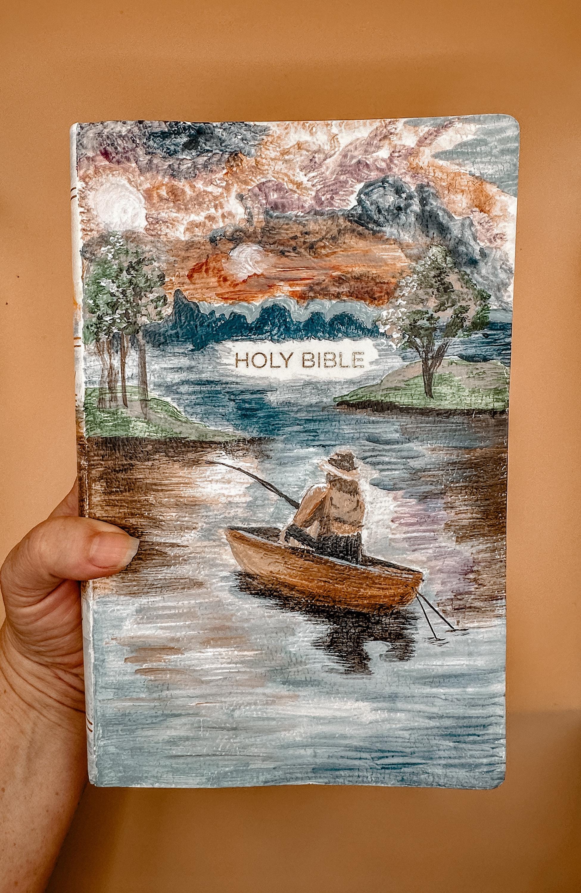 Hand Painted Bible Father and Son Fishing Scene | Custom Acrylic Painted Bible | Christian Gift for Dad | Faith Art Journal
