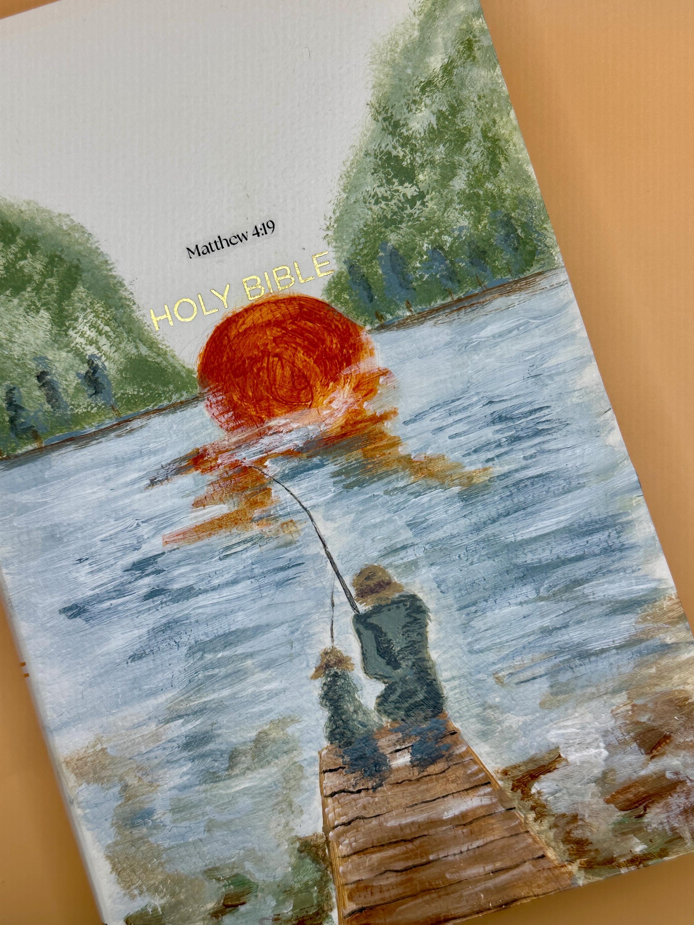 Hand Painted Bible Father and Son Fishing Scene | Custom Acrylic Painted Bible | Christian Gift for Dad | Faith Art Journal - Thumbnail 5