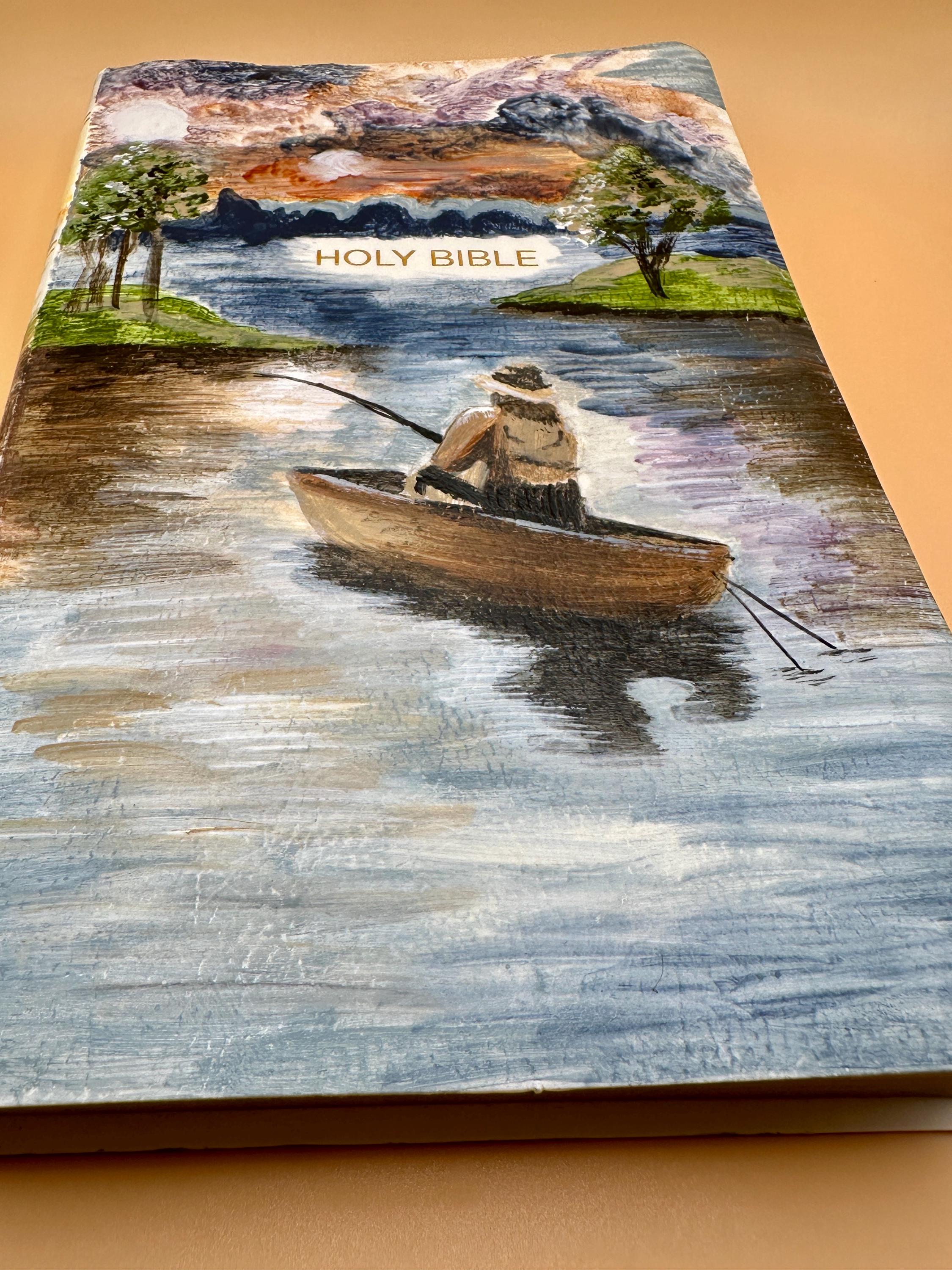 Hand Painted Bible Father and Son Fishing Scene | Custom Acrylic Painted Bible | Christian Gift for Dad | Faith Art Journal - Thumbnail 7