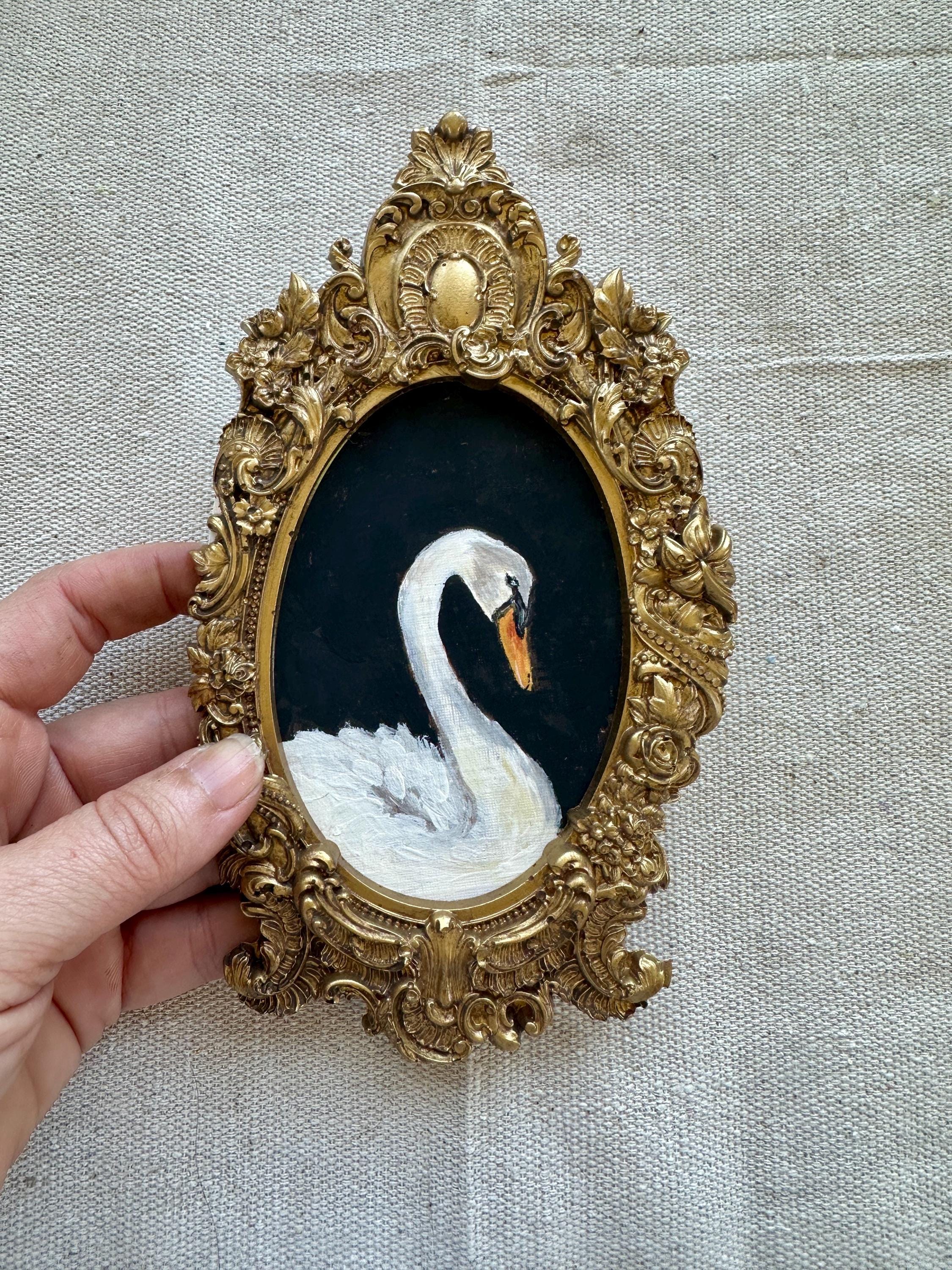 Handmade Swan Gouache Painting: Vintage Gold Resin Frame Art - Thumbnail 2