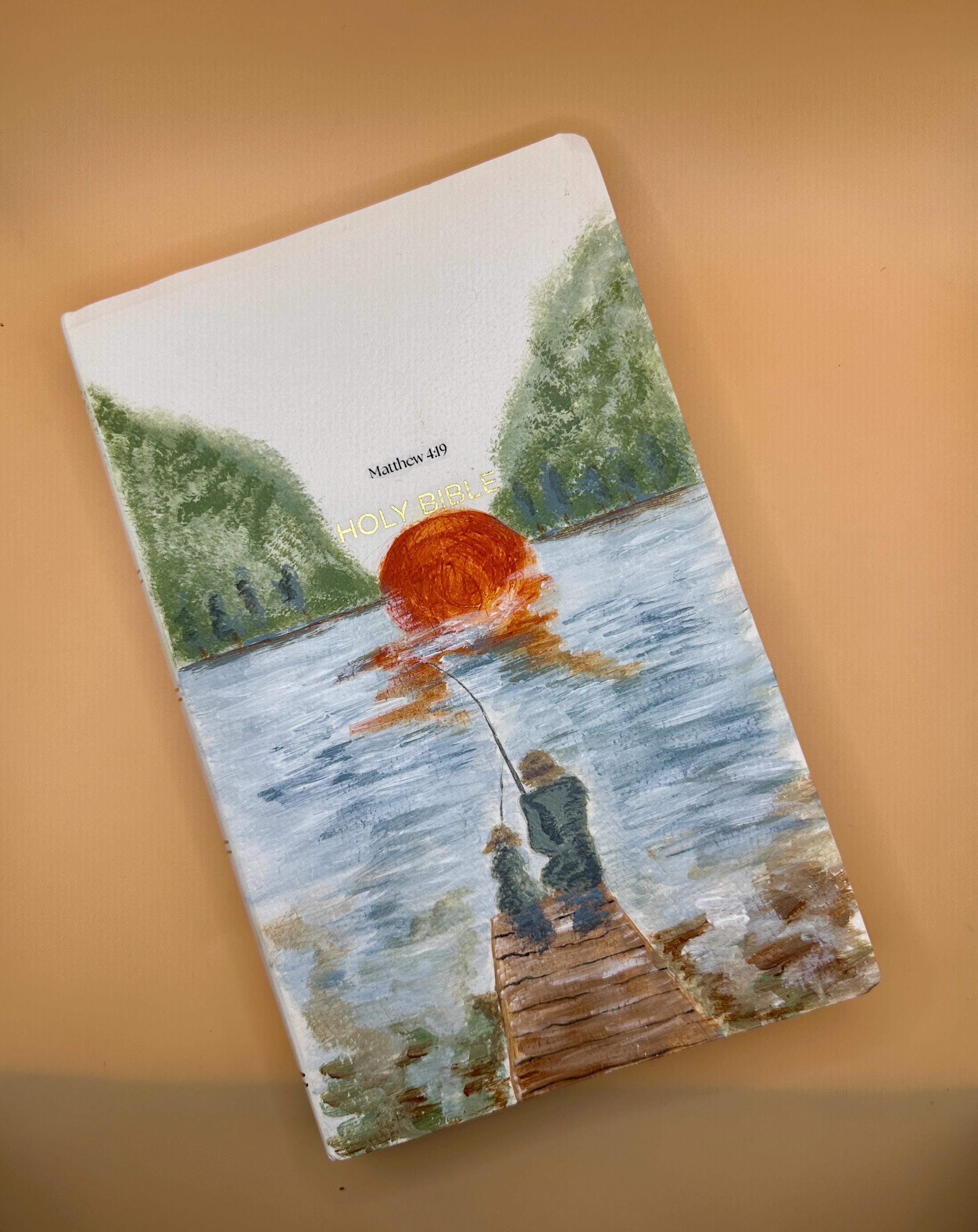 Hand Painted Bible Father and Son Fishing Scene | Custom Acrylic Painted Bible | Christian Gift for Dad | Faith Art Journal - Thumbnail 3