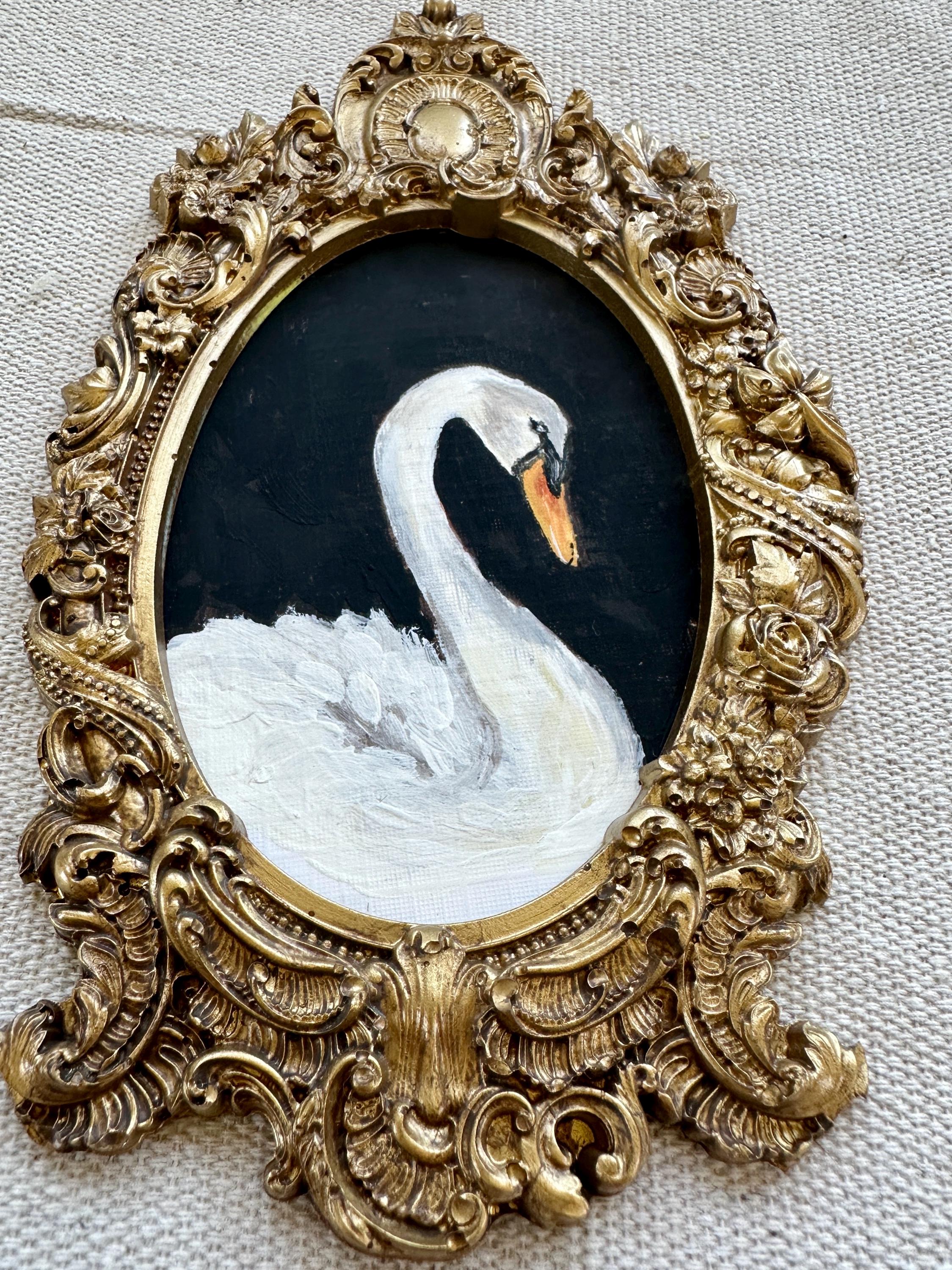 Handmade Swan Gouache Painting: Vintage Gold Resin Frame Art - Thumbnail 6