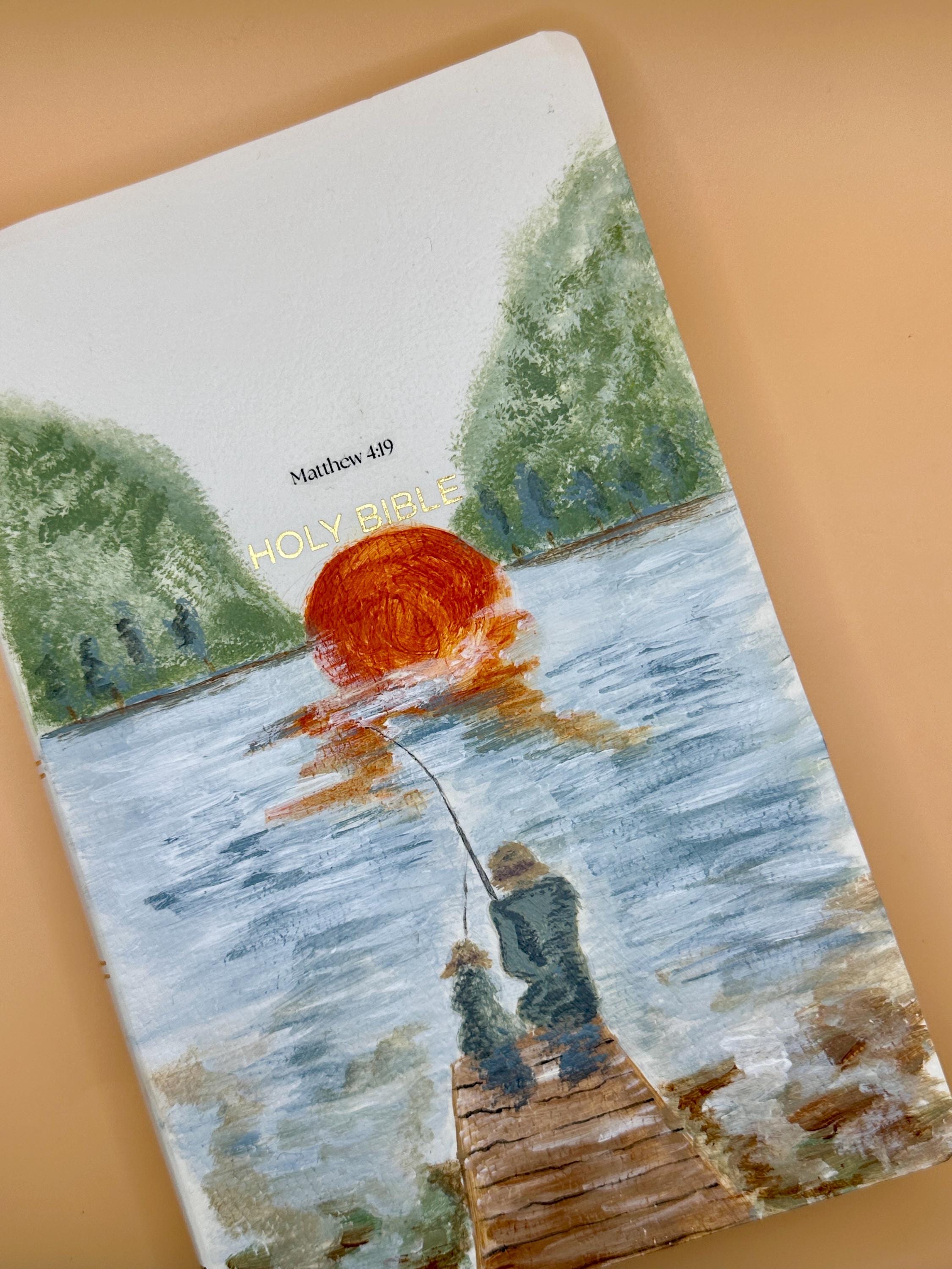 Hand Painted Bible Father and Son Fishing Scene | Custom Acrylic Painted Bible | Christian Gift for Dad | Faith Art Journal - Thumbnail 4
