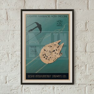 May include: A vintage travel poster advertising interstellar travel to the planet Hoth in 80 minutes. The poster features a spaceship flying through the clouds with the text "KASHYYYK-MANDALORE-HOTH-TATOOINE" and "BESPIN INTERPLANETARY STARWAYS LTD."