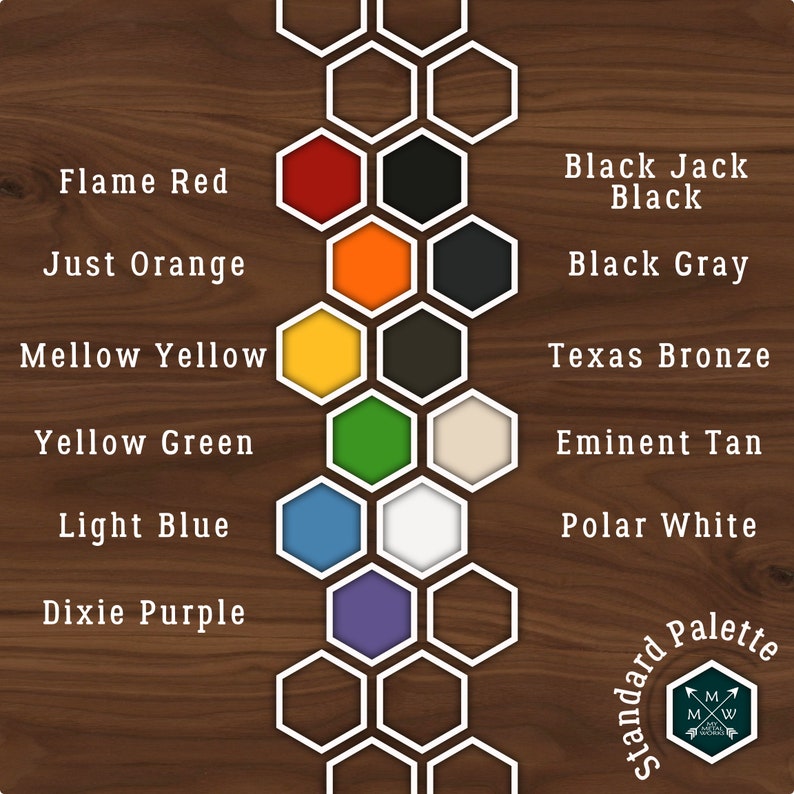 Puede incluir: Una tabla de paleta de colores con 10 muestras de colores dispuestas en un patr&oacute;n de panal. Los colores son: Rojo Llama, Naranja Justo, Amarillo Suave, Verde Amarillo, Azul Claro, P&uacute;rpura Dixie, Negro Jack Negro, Gris Negro, Bronce Texas, Bronceado Eminente y Blanco Polar. La tabla est&aacute; etiquetada como "Paleta Est&aacute;ndar".
