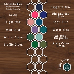 Puede incluir: Una tabla de colores de pintura con nombres como Sassy, Rosa claro, Lila salvaje, Verde invierno, Verde tr&aacute;fico, Azul zafiro, Azul ultramar, Azul Capri, Azul agua, Turquesa Arizona y Verde camuflaje militar. Los colores se muestran en un patr&oacute;n de panal. El texto "Tonos s&oacute;lidos" est&aacute; en la parte inferior derecha de la imagen.