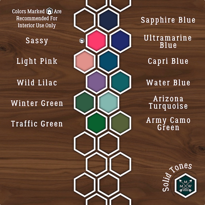 Puede incluir: Una tabla de colores de pintura con nombres como Sassy, Rosa claro, Lila salvaje, Verde invierno, Verde tr&aacute;fico, Azul zafiro, Azul ultramar, Azul Capri, Azul agua, Turquesa Arizona y Verde camuflaje militar. Los colores se muestran en un patr&oacute;n de panal. El texto "Tonos s&oacute;lidos" est&aacute; en la parte inferior derecha de la imagen.