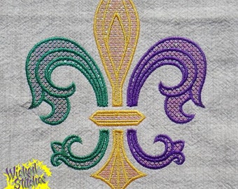 May include: A gold, green, and purple embroidered fleur-de-lis design. The design is on a white fabric background.  Wicked Stitches of the South; M.G. Lofton