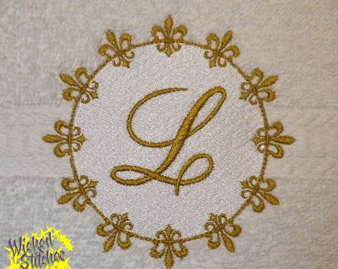 Fleur de Lis Circle Monogram Frame Embroidery Design File Set (Step-Filled and Mylar-Filled) 4.25in.Wx4.25in.H