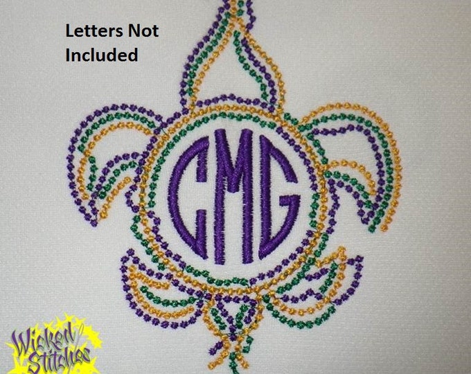 Mardi Gras Bead Fleur de Lis Circle Monogram Frame Embroidery Design Files, 2 sizes