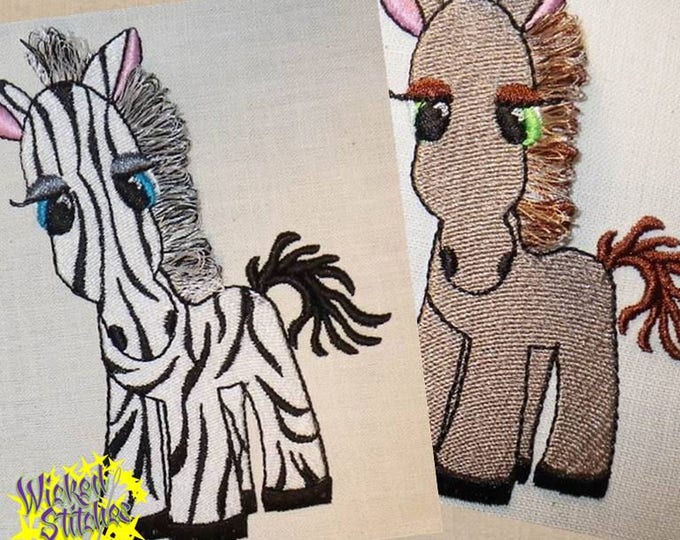 Pony & Zebra Fringe Embroidery Duo, 2 designs, 3 sizes each