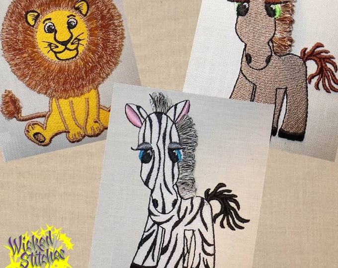 Baby Lion, Zebra, & Pony Trio; Fringe Embroidery Design Set, 3 designs, 3 sizes each