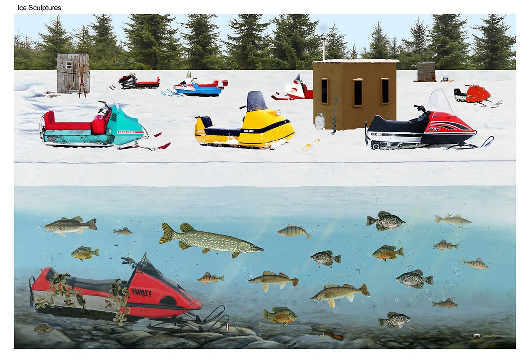 Ice Sculptures by Todd Thunstedt 12x18 Art Print Snowmobile Walleye Ice