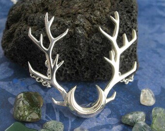 Bois Croissant de Lune Pendentif Collier Corne Dieu Lune Déesse Pan Cernunnos Homme Vert Hécate Cerf Buck Elk Cerf Wiccan Pagan Triple 597