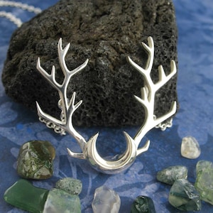 Antlers Crescent Moon Pendant Necklace Horned God Moon Goddess Pan Cernunnos Green Man Hecate Stag Buck Elk Deer Wiccan Pagan Triple 597