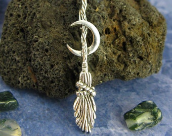 Witch's Broom or Besom w/ Crescent Moon Pendant Necklace Wiccan Wicca Pagan Witchcraft Silver Halloween Samhain Broomstick wh476