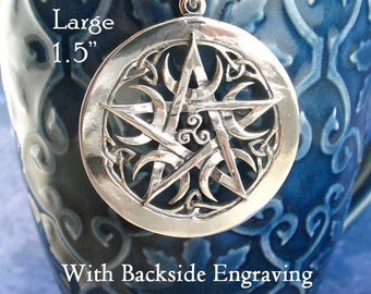 1.5" Large ENGRAVED Backside Five Crescent Moons Pentacle Pendant Necklace Wiccan Pagan Star Pentagram Witch Amulet Witchcraft Alchemy