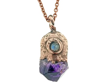 Little Raw Amethyst & Moonstone Moon Copper Electroformed Pendant