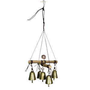 Hängende Hexenglocke mit Zweigkreuz, fünf Glöckchen, Spirale - Handarbeit - Schutz Reinigung Pagan Wicca Natur Rustikal Primitive