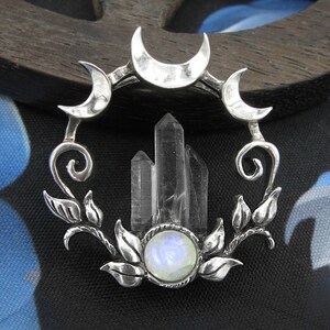 Crescent Moon & Vines Circle Pendant w/ Raw Quartz Crystals and Gemstone Cabochon Nature Fantasy Witchy Jewelry