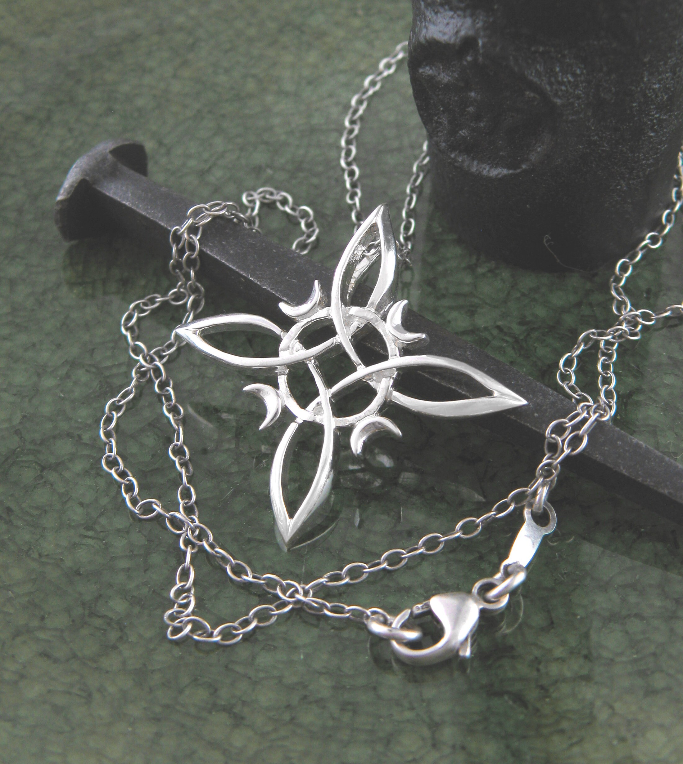 Collier Pentagramme Wicca Sorcière - Pendentif Cabochon Mauve Sur Chaîne Argentée 50cm