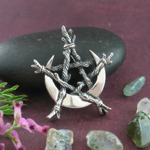 Crescent Moon Bound by Twigs Branches Pentagram Pentacle Pendant Necklace Vine Wiccan Wicca Pagan Witchcraft Witch Mystical Occult 925 wh126
