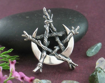 Collar con colgante de pentagrama y luna creciente atada por ramas, estilo wicca, pagano, brujería, místico y oculto, plata 925 wh126