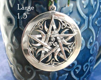1.5&quot; Large Pentagram Pentacle Necklace Pendant Crescent Moons Wiccan Pagan Large Pentagram Witch Woman Man Witchcraft Gothic Wicca Alchemy