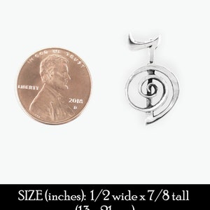 May include: Silver charm pendant featuring a stylized spiral symbol, similar to a yin yang symbol. The pendant is approximately 1/2 inch wide and 7/8 inch tall, or 13mm x 21mm.