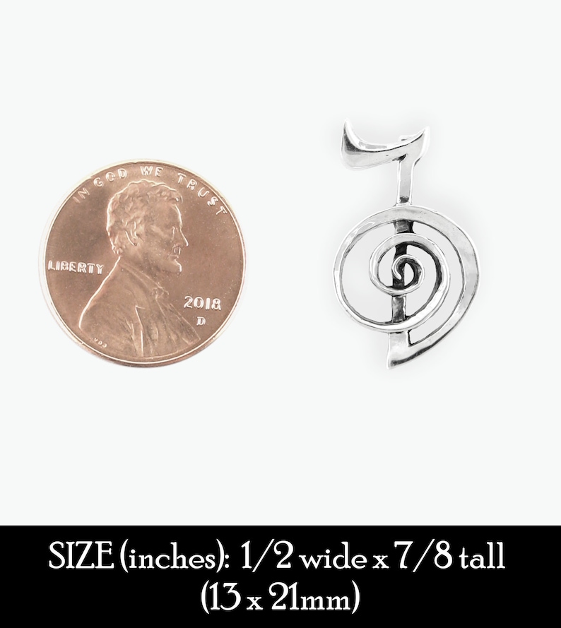 May include: Silver charm pendant featuring a stylized spiral symbol, similar to a yin yang symbol. The pendant is approximately 1/2 inch wide and 7/8 inch tall, or 13mm x 21mm.