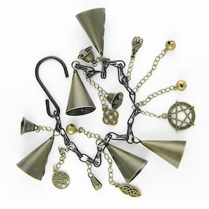 Witch's Bell w/ 5 Cone-Shaped Bells on Black Chain w/ Charms, Sleigh Bells Handmade Cleansing Pagan Wiccan Sacred Space Altar Rustic