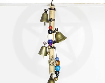 Witch's Bell w/ Vertical Branch, Pentacle Charm, Beads and Spiral - Handmade - Protection Cleansing Pagan Wiccan Sacred Space Nature Rustic