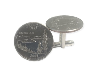 Oregon Cuff Links, Oregon State Cufflinks, Coin Cuffs featuring Hillman Peak, Watchman Peak, Crater Lake, and Wizard Island