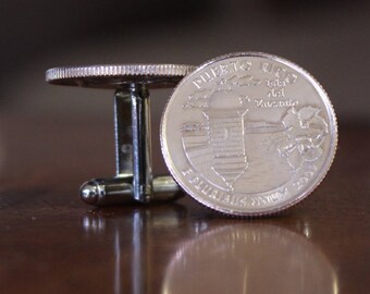 Puerto Rico Quarter Cuff Links, Coin Cufflinks, hibiscus flower cuffs, gemelos