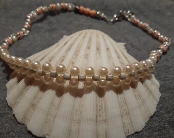 Faux pearl bead handmade choker style necklace pink bead accents silver tone fittings