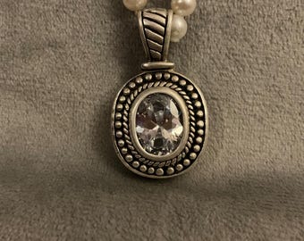 Vintage Sterling Silver CZ Pendant Necklace on Faux Pearls